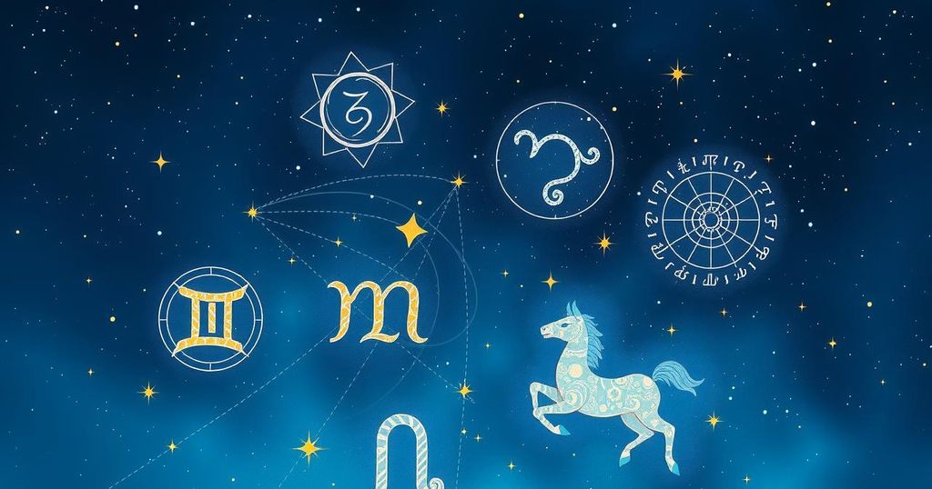 Astrological symbols and zodiac constellations with a cosmic background representing horoscope insights.