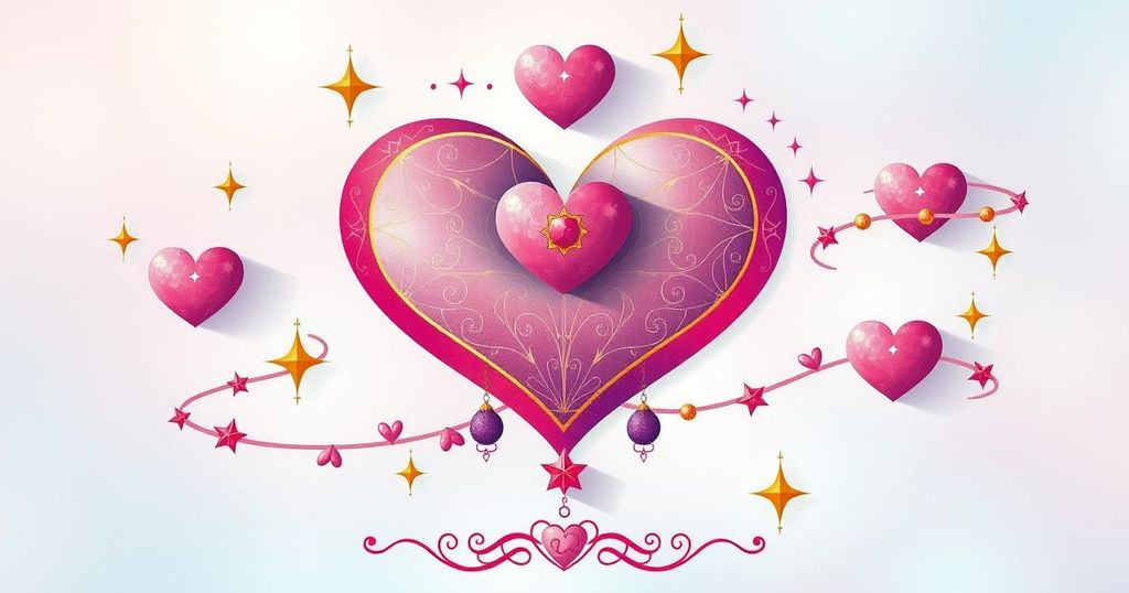 A serene tarot card design with hearts and stars, using soft pastel colours to represent love and relationships in astrology.