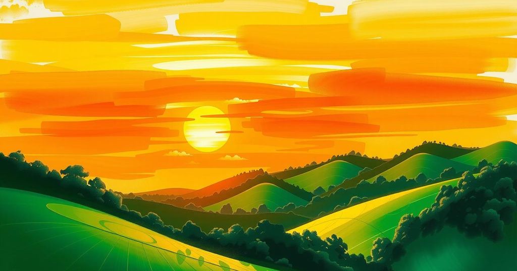 A vibrant sun setting behind rolling hills, symbolising positivity and prosperity in a warm colour palette.