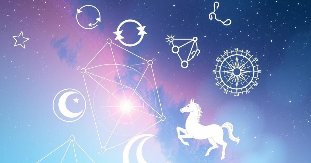 Astrology symbols and constellations in a celestial scene with starry sky and soft pastel colors