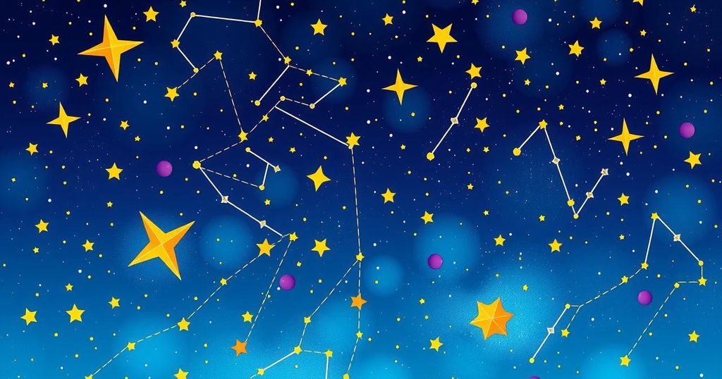 A vibrant celestial scene with colourful stars and constellations representing astrology and destiny.