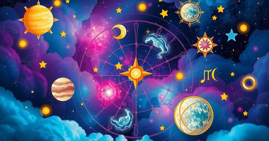 Astrological symbols and celestial bodies illustrating zodiac signs with vibrant colours and mystical elements.