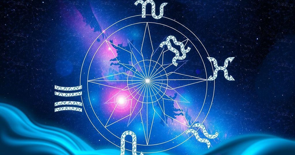 Astrological symbols with a cosmic background representing zodiac horoscopes and spiritual connections.