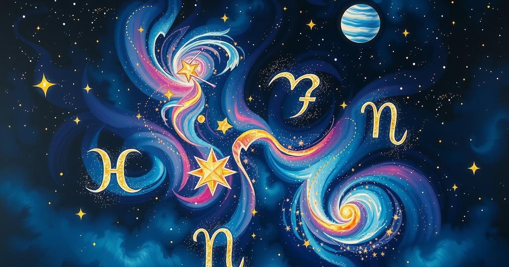 A cosmic scene featuring astrological symbols, bright stars, planets, and swirling constellations in vibrant colours.