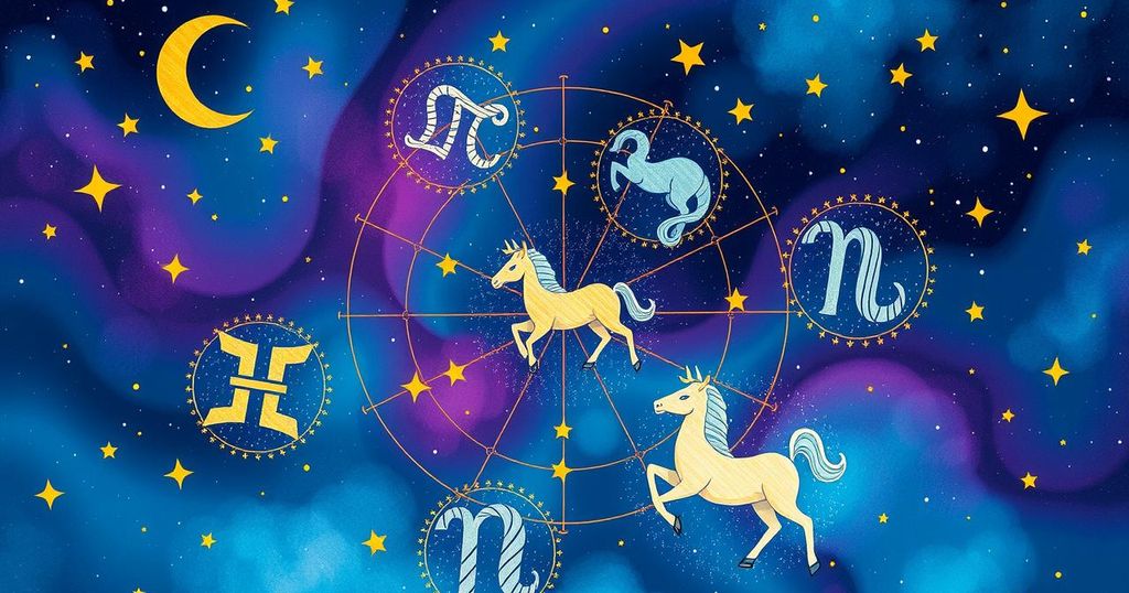 Astrological symbols with zodiac signs in a colourful celestial background.