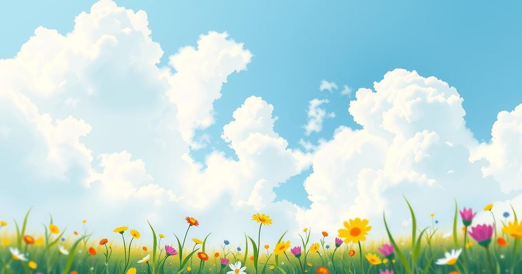 A serene light blue sky with fluffy clouds and a harmonious landscape, reflecting positivity and high morale.