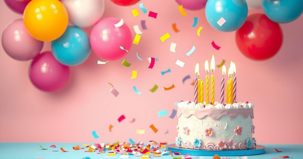 Celebratory scene representing May birthdays with vibrant balloons, cheerful confetti, and sparkling candles.