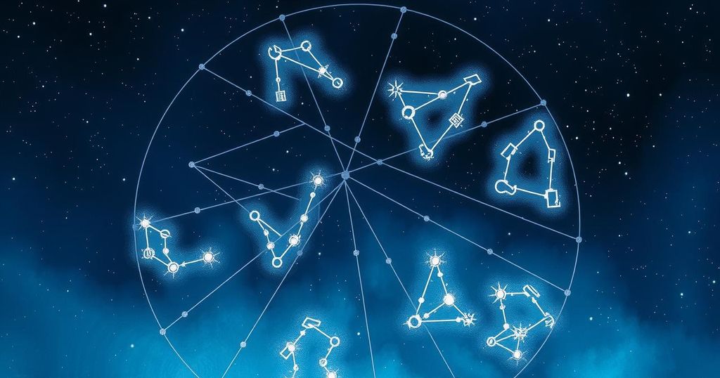 Zodiac signs represented by starry constellations in a cosmic setting with astrological symbols and a calming blue palette.