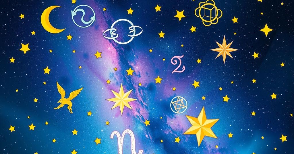 Astrological symbols and zodiac signs against a celestial background, featuring stars and vibrant colours suited for horoscopes.