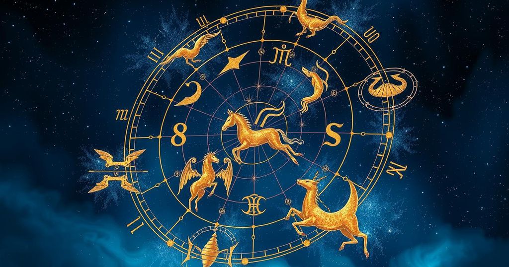An artistic representation of zodiac signs in celestial patterns with deep blue and shimmering gold hues.