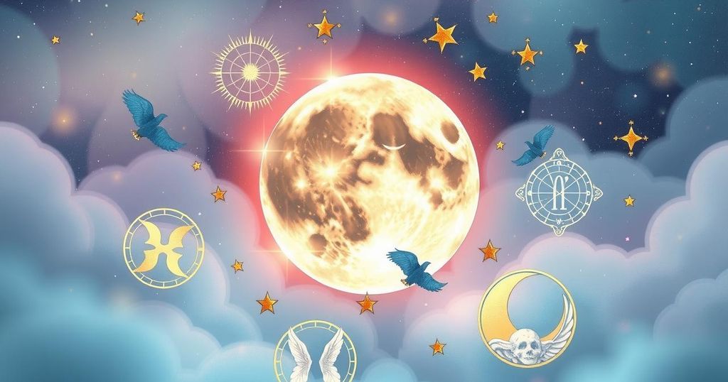 Celestial illustration of astrological signs and the Moon with a dreamy background, evoking inspiration and intuition.