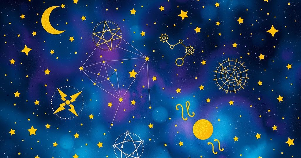 Astrological symbols surrounded by stars and celestial elements, highlighting zodiac signs and horoscope themes.