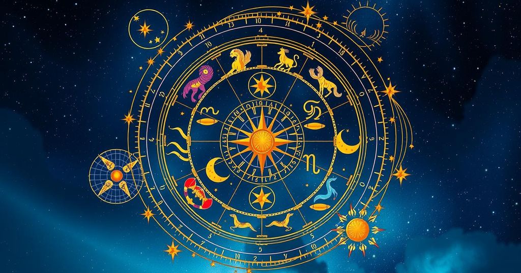 A zodiac wheel with artistic elements, featuring vibrant colours and celestial motifs, symbolising astrology and fortune.