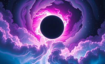 A celestial scene depicting a vibrant solar eclipse with swirling stars and cosmic colours, symbolising transformation.