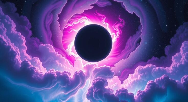 A celestial scene depicting a vibrant solar eclipse with swirling stars and cosmic colours, symbolising transformation.