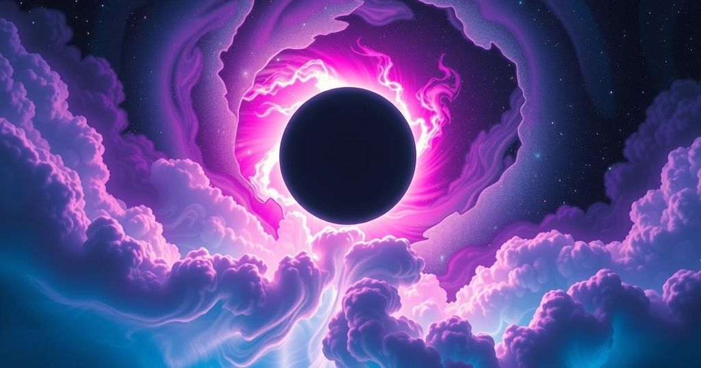 A celestial scene depicting a vibrant solar eclipse with swirling stars and cosmic colours, symbolising transformation.