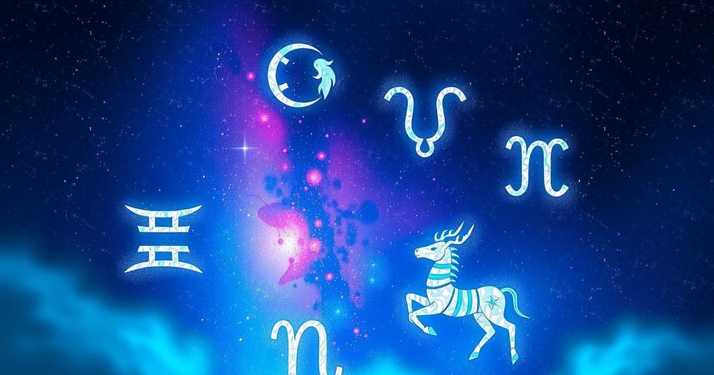 A celestial scene with five zodiac symbols, twinkling stars, and a dreamy night sky reflecting transformation and growth.