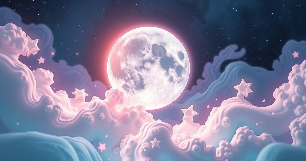 A dreamy cosmic scene with soft pastel colours, featuring the moon in Pisces and twinkling stars conveying intuition and connection.