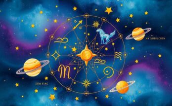 A vibrant astrological illustration with zodiac symbols and celestial motifs, reflecting personal growth and introspection.