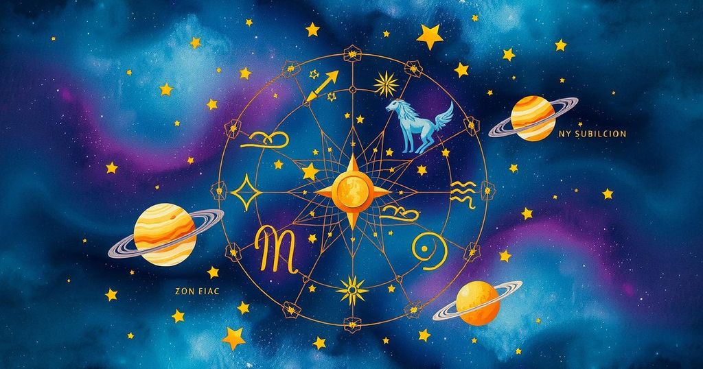 A vibrant astrological illustration with zodiac symbols and celestial motifs, reflecting personal growth and introspection.