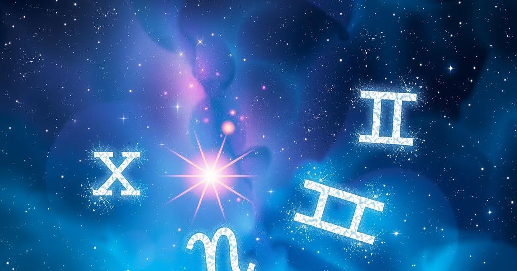 Astrological scene depicting zodiac signs with astrological symbols against a starry night sky featuring Pisces and Gemini.