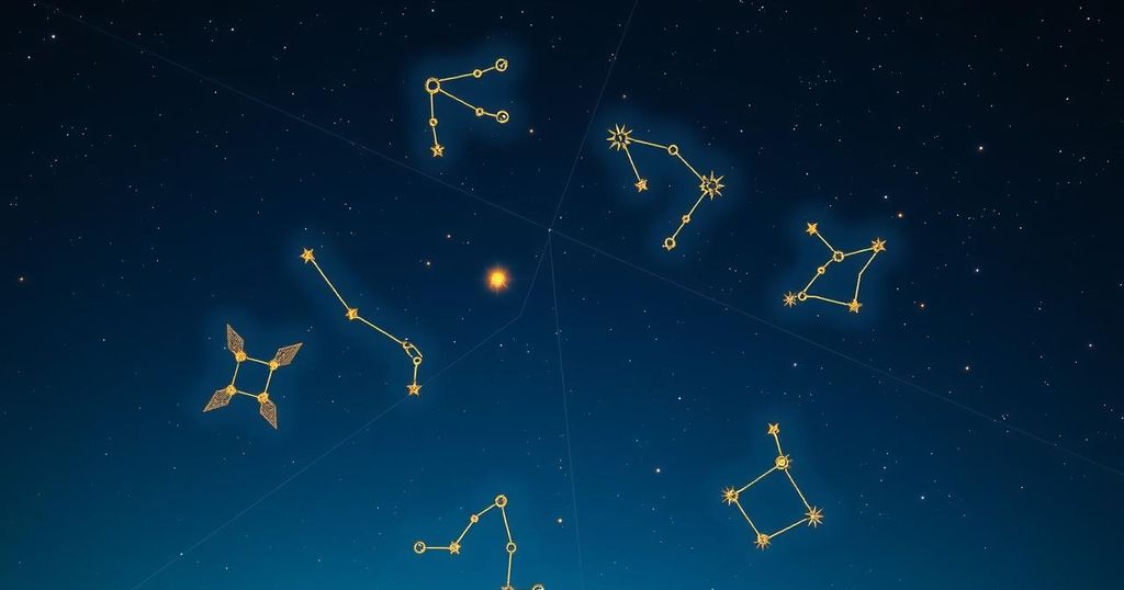 Astrological symbols with zodiac constellations against a starry night sky in deep blue and gold tones.
