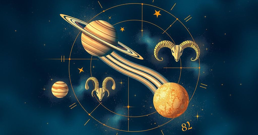 A celestial scene depicting Saturn transitioning into Aries with astrological symbols, dark blue and gold hues.