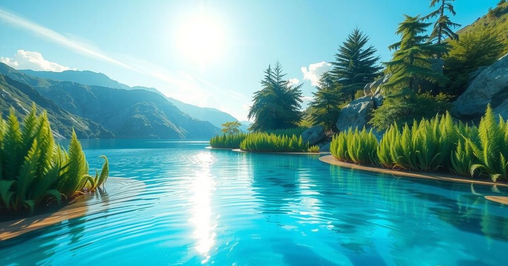 A serene landscape featuring tranquil blue water, green plants, and a sunny sky, highlighting nature's harmony and beauty.