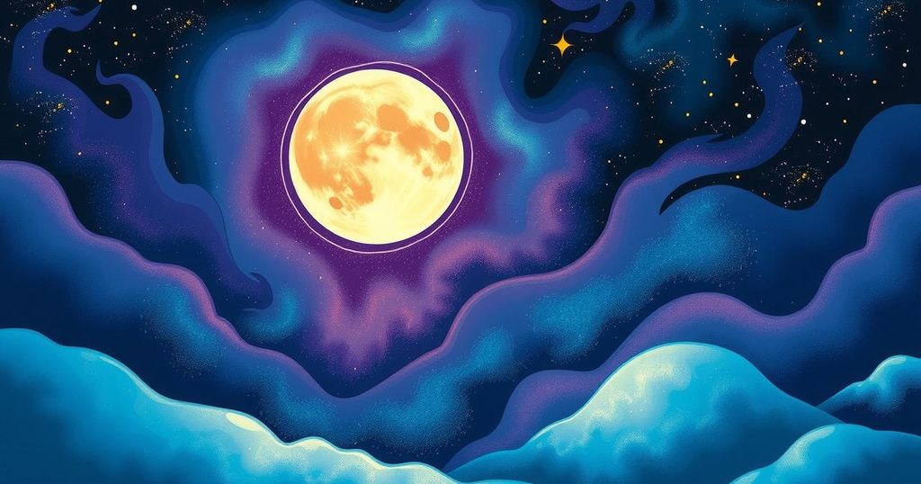A vibrant cosmic landscape with a glowing moon and stars, illustrating emotional highs and lows in a whimsical style.