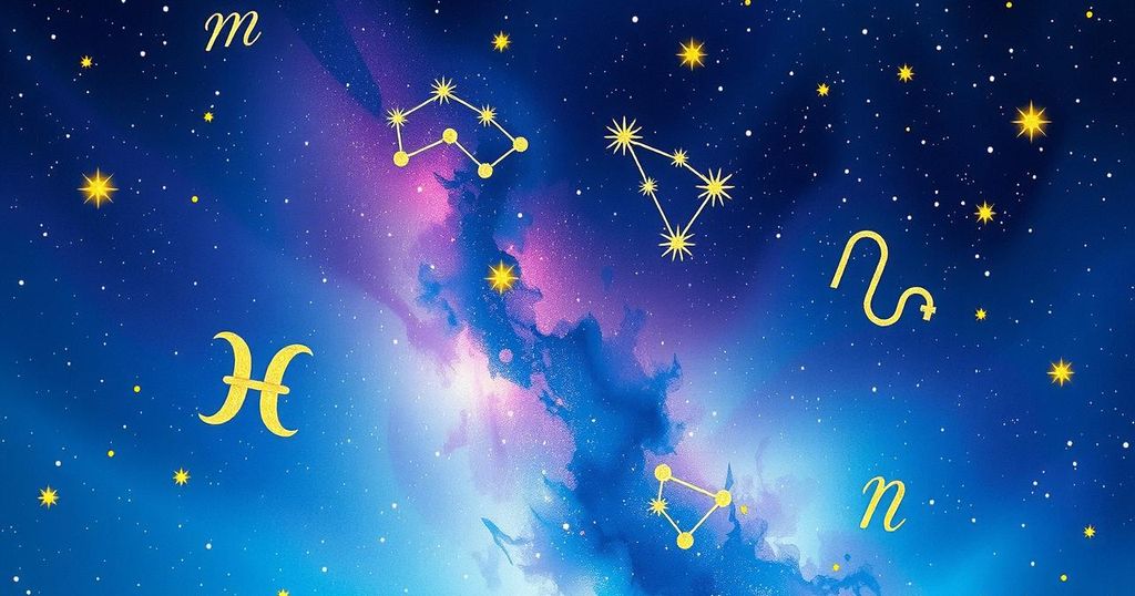A tranquil cosmic scene showing zodiac constellations in a night sky with vibrant celestial colours and serene ambiance.