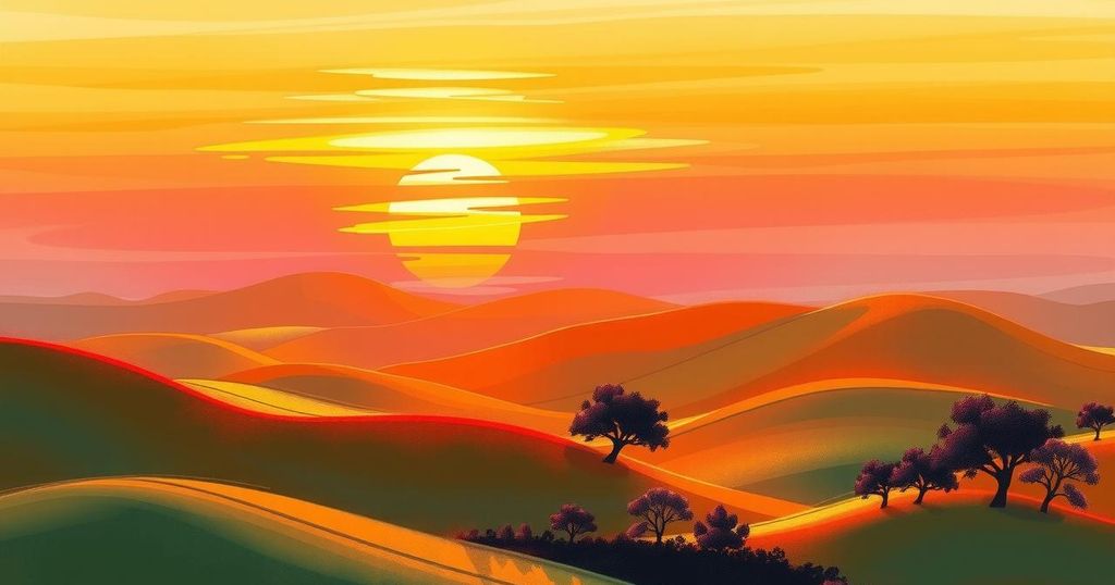 A serene landscape with rolling hills and a sunset, encapsulating growth and opportunities in a career setting.