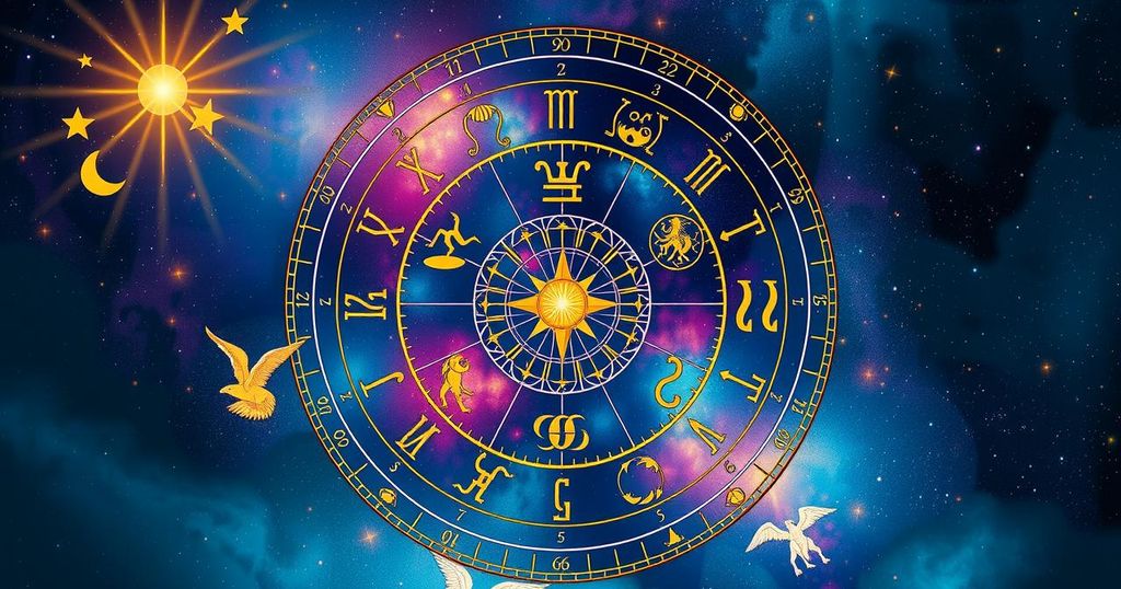 A zodiac wheel with twelve signs, bright colours, astrological symbols, and a celestial backdrop.