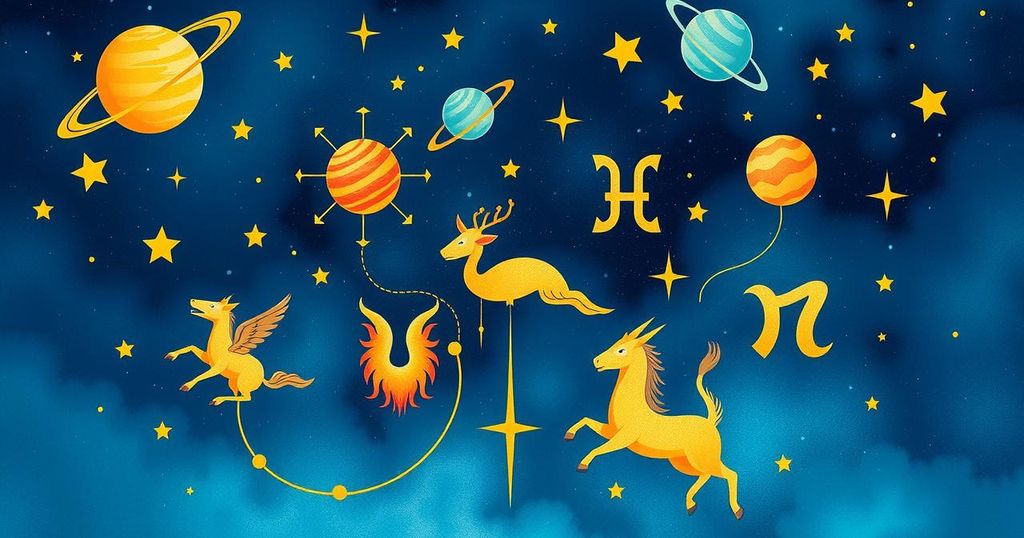 Colourful astrological symbols illustrated on a celestial background representing zodiac signs and cosmic influences.