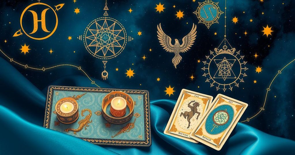 Astrological tarot readings with zodiac symbols and tarot cards on a celestial backdrop