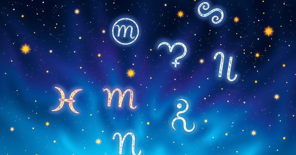 Astrological symbols against a starry night backdrop, featuring zodiac signs glowing softly in pastel hues.