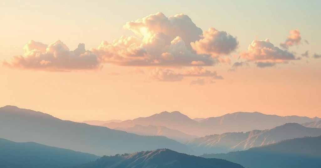 A serene landscape with mountains, pastel skies, and fluffy clouds, representing cosmic themes of growth and exploration.