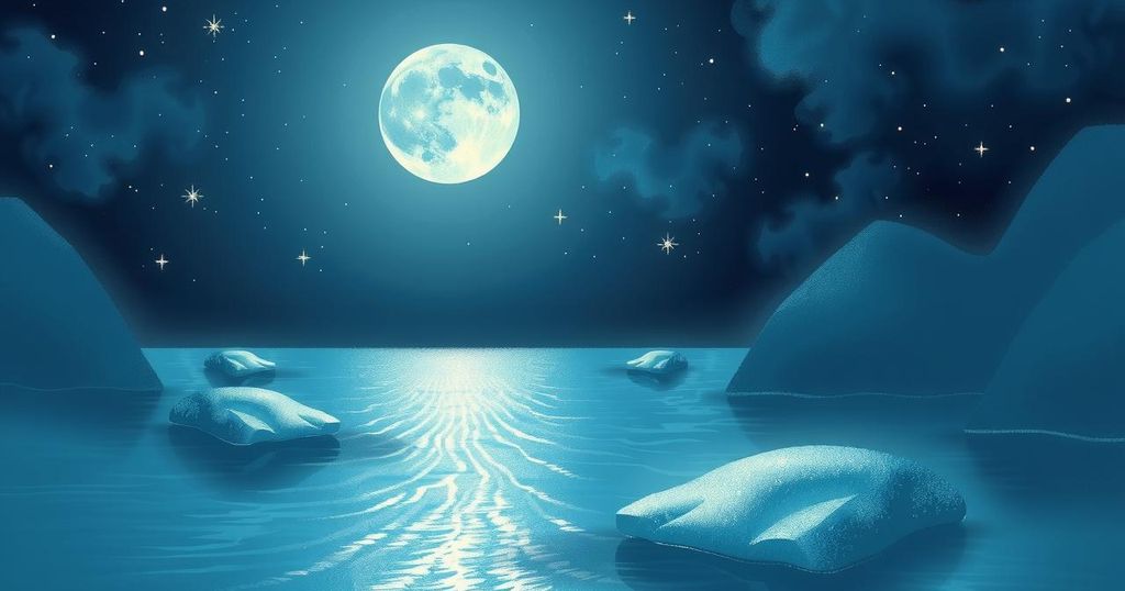 A tranquil full moon night sky with shimmering stars, calm water reflecting the moonlight, soft blues and silvers.