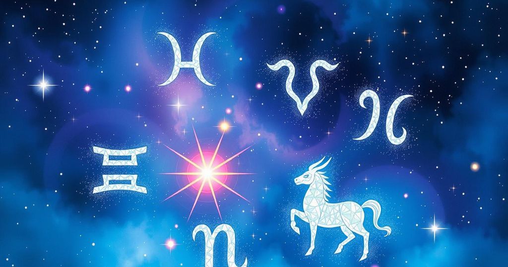 An artistic representation of zodiac symbols surrounded by vibrant stars and constellations in a cosmic scene.