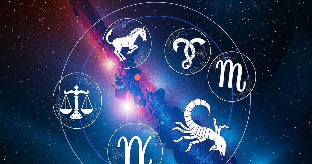 Astrological symbols for each zodiac sign in a cosmic background with unique colour representations.