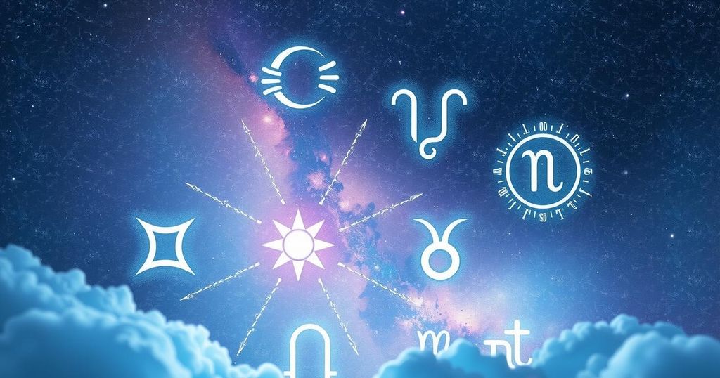A cosmic background showcasing astrological symbols with a gentle blue and purple colour scheme.
