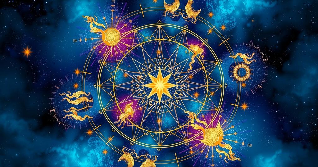 Astrology symbols and cosmic elements in a vibrant color palette representing zodiac signs and celestial energy.