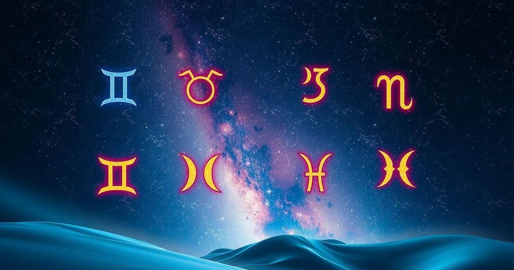 A cosmic landscape with zodiac signs, stars, and planets reflecting emotional clarity and introspective energy.