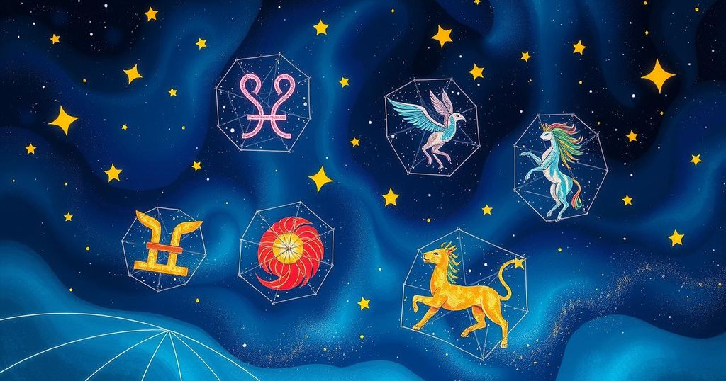 A celestial scene showcasing zodiac symbols surrounded by stars and astrological elements in vibrant cosmic colours.