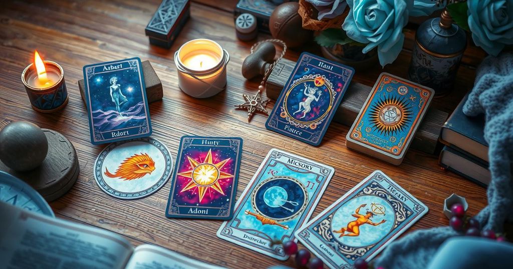 Astrological symbols and tarot cards in a mystical setting with vibrant colours representing zodiac messages.