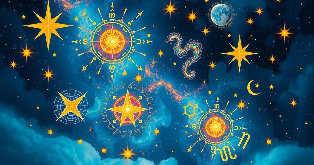 Celestial alignment in astrology with vibrant colors and stars representing positive energy and clarity.