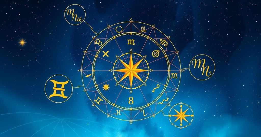 Astrological symbols surrounded by a cosmic background, representing the zodiac signs and their weekly forecast.