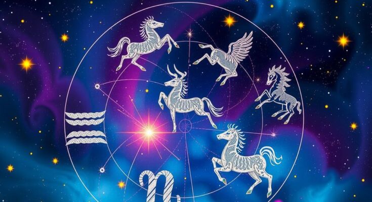 A cosmic theme with colourful zodiac signs and astrological symbols, surrounded by whimsical stars and planets.