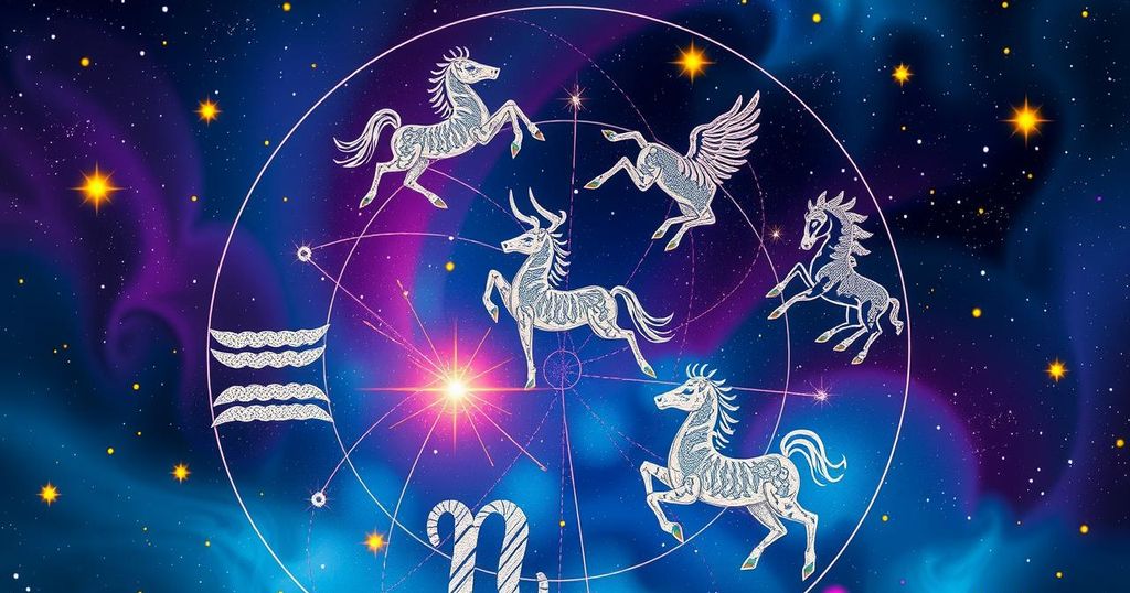 A cosmic theme with colourful zodiac signs and astrological symbols, surrounded by whimsical stars and planets.