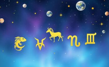 Five zodiac symbols representing Pisces, Taurus, Aries, Leo, and Virgo against a cosmic backdrop of stars and planets.