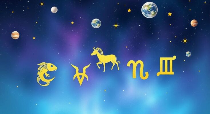 Five zodiac symbols representing Pisces, Taurus, Aries, Leo, and Virgo against a cosmic backdrop of stars and planets.